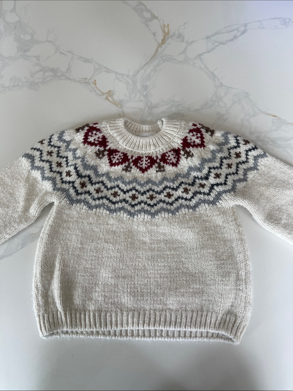 Zara Cream Sweater with Red, Gray & Brown Nordic Yoke